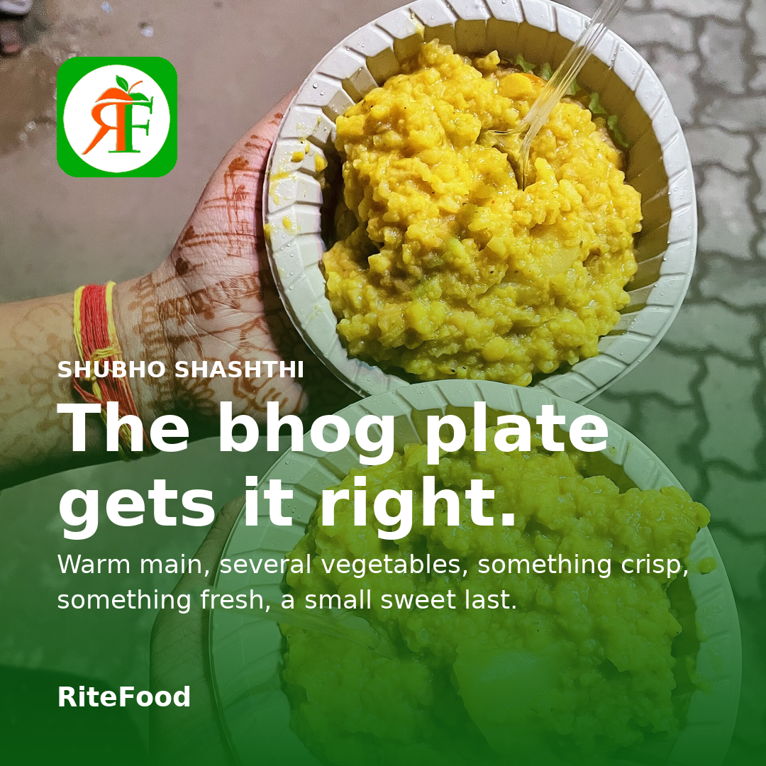 Two paper bowls of khichuri served at a Durga Puja pandal, with the title The bhog plate gets it right